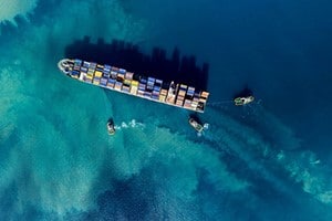 overhead photo of loaded cargo ship